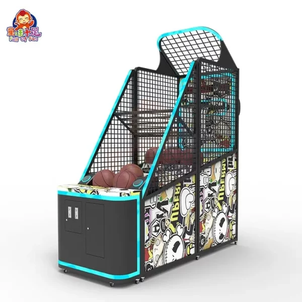 Máquina recreativa de baloncesto con diseño de dibujos animados, equipada con tiras de luces LED azules.