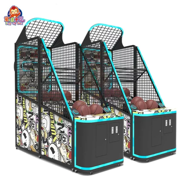 Máquina recreativa de baloncesto con diseño de dibujos animados, equipada con tiras de luces LED azules.