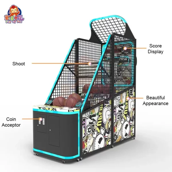 Máquina recreativa de baloncesto con diseño de dibujos animados, equipada con tiras de luces LED azules.
