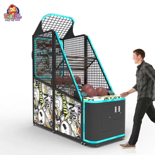 Máquina recreativa de baloncesto con diseño de dibujos animados, equipada con tiras de luces LED azules.