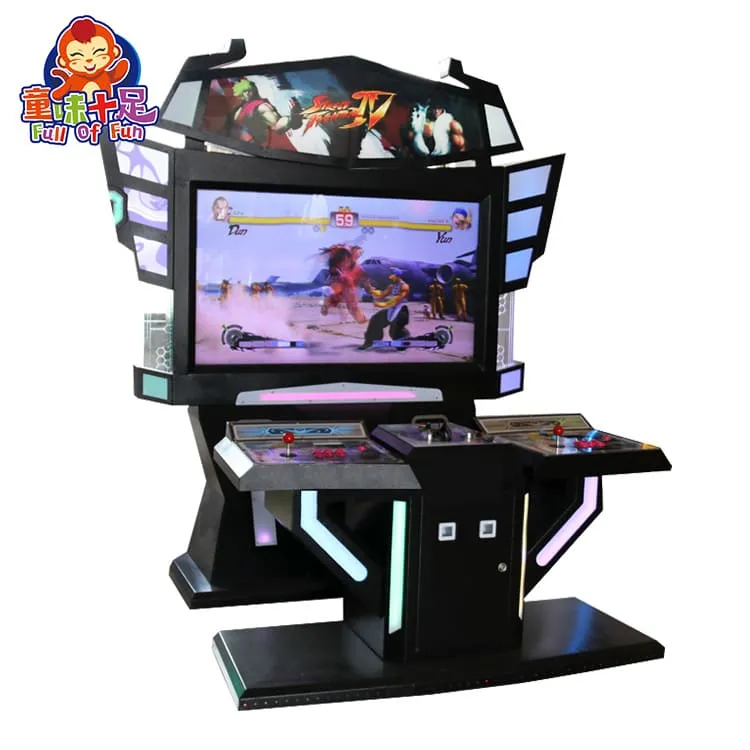 Máquina recreativa de Street Fighter para dos jugadores con luces LED y pantalla grande en el centro de juegos.