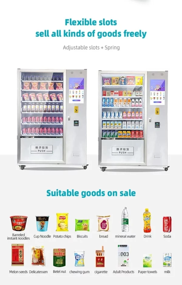 Custom multi-product vending machine for drinks, snacks, cigarettes & cosmetics