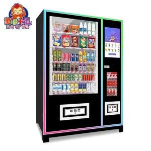 Colorful Black Vending Machine displaying snacks and drinks for sale
