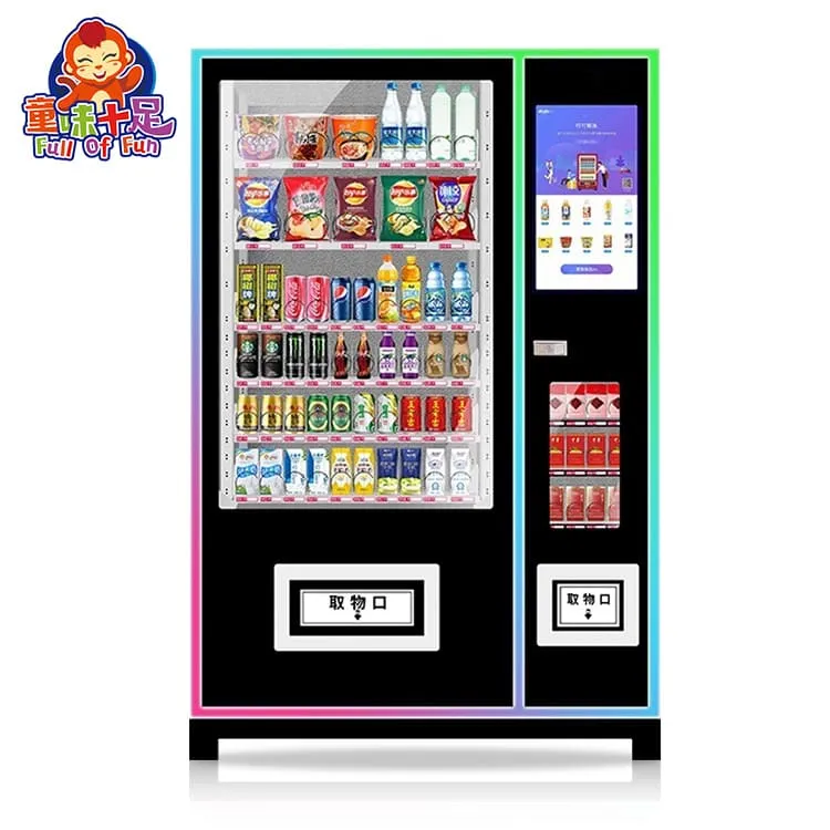 Colorful Black Vending Machine displaying snacks and drinks for sale
