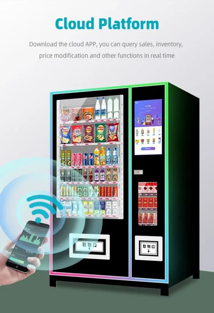 Colorful Black Vending Machine displaying snacks and drinks for sale