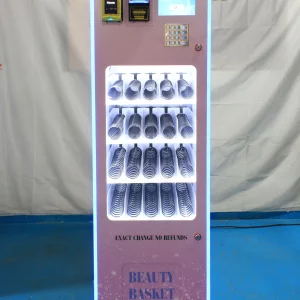 Custom small cosmetics vending machine for snacks, beverages, and cosmetics, featuring 7-inch LCD panel, spring-type dispensing, and customizable branding.