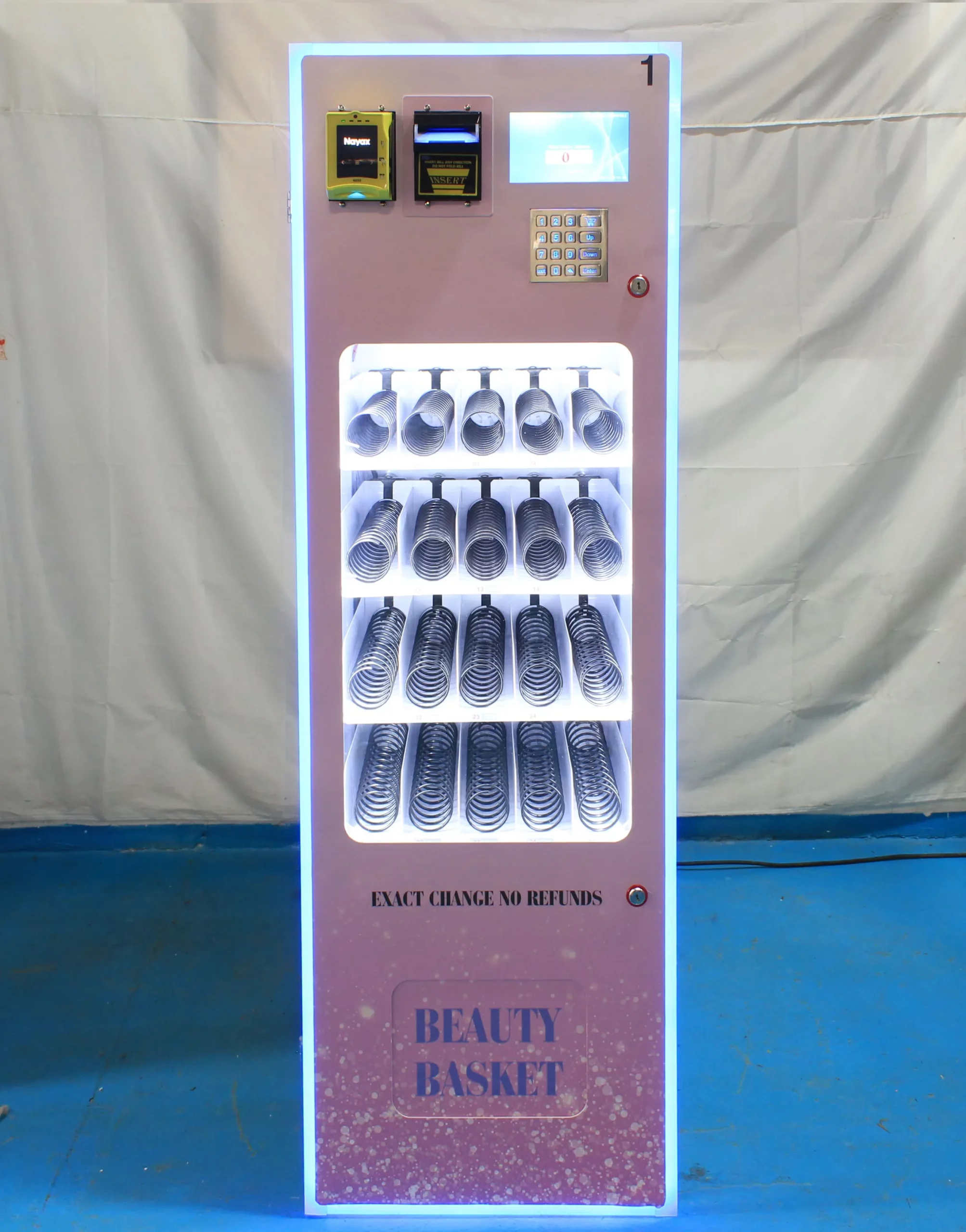 Custom small cosmetics vending machine for snacks, beverages, and cosmetics, featuring 7-inch LCD panel, spring-type dispensing, and customizable branding.