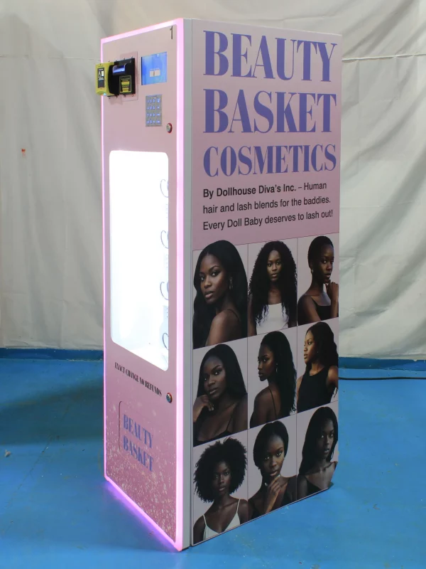 Custom small cosmetics vending machine for snacks, beverages, and cosmetics, featuring 7-inch LCD panel, spring-type dispensing, and customizable branding.