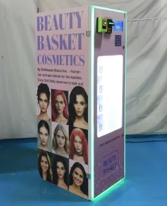 Custom small cosmetics vending machine for snacks, beverages, and cosmetics, featuring 7-inch LCD panel, spring-type dispensing, and customizable branding.