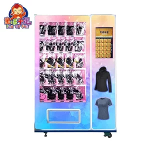 Modern clothing vending machine with size-segmented storage and HD touch screen.