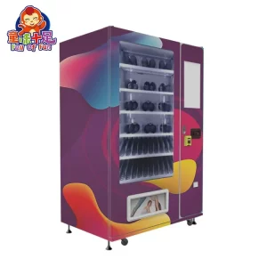 Modern clothing vending machine with size-segmented storage and HD touch screen.