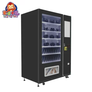 Modern clothing vending machine with size-segmented storage and HD touch screen.