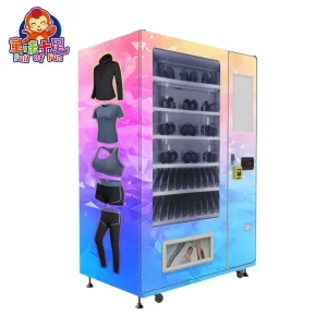 Modern clothing vending machine with size-segmented storage and HD touch screen.